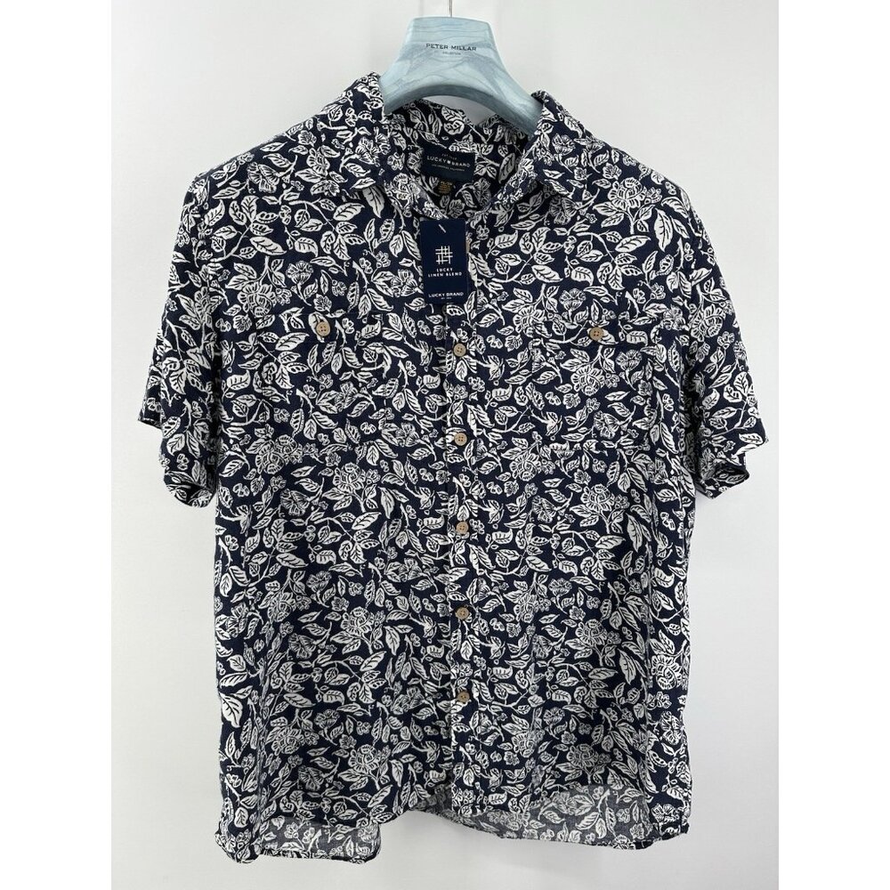 Lucky Brand Navy Leaves Pattern Linen Blend Button Down Shirt XL (X7)